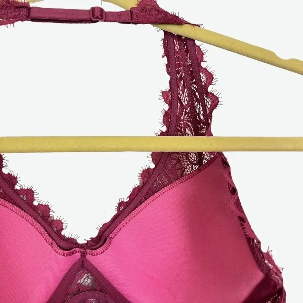 VICTORIA'S SECRET Pink Lace Floral Halter Lightly Lined BRALETTE Bra Underwire S